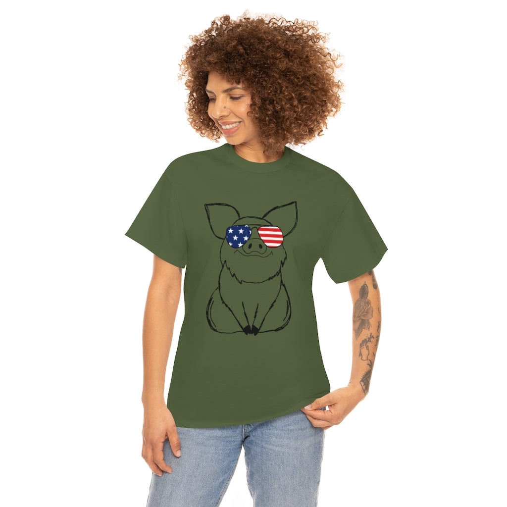 Pig with American Flag Sunglasses Cotton T-shirt
