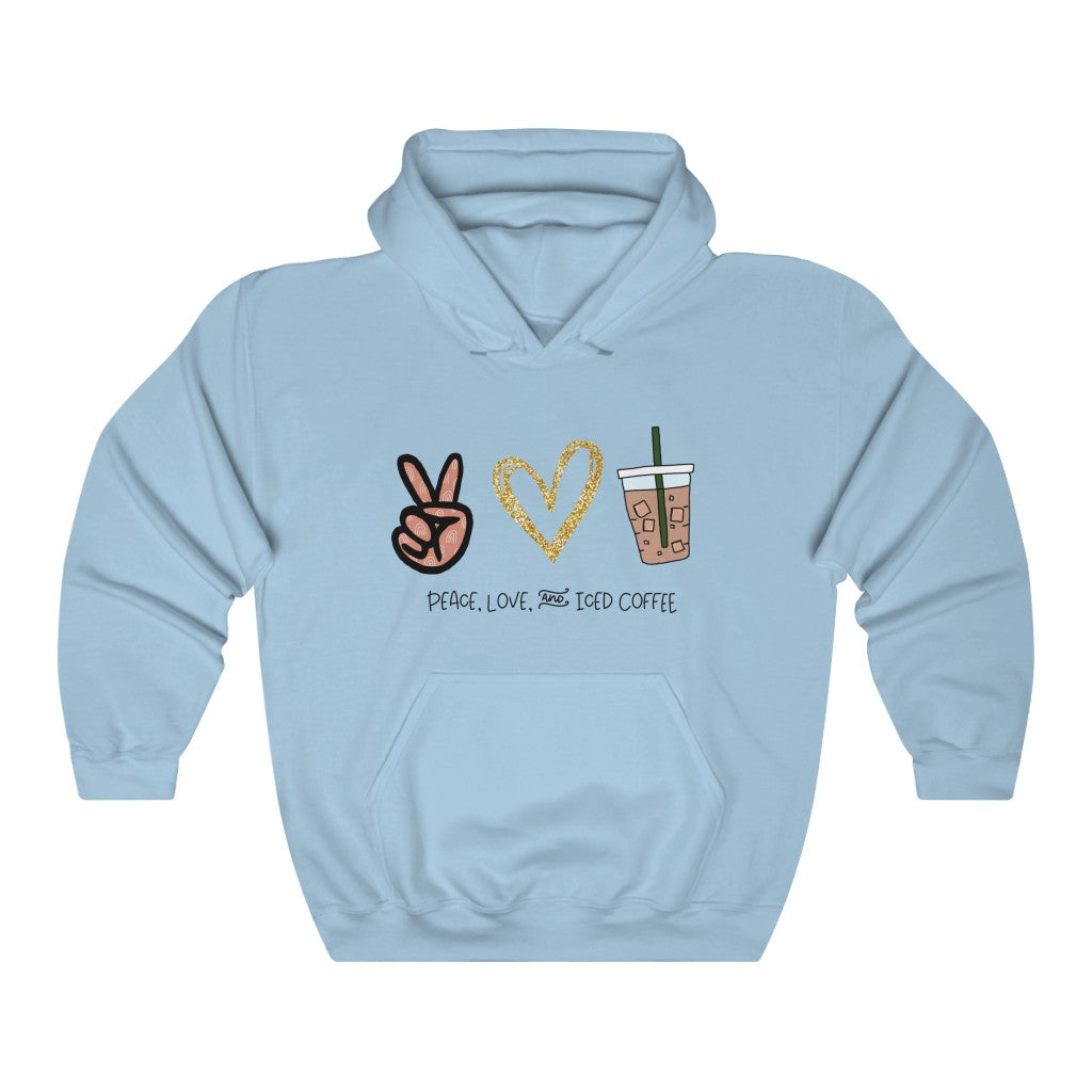 Peace, Love, and Iced Coffee... the only things that matter! This hoodie sweatshirt is perfect for those brisk morning walks to get coffee, or just for cozying up at home with your favorite iced coffee in hand. This hoodie makes the perfect gift for that iced coffee drinker in your life!