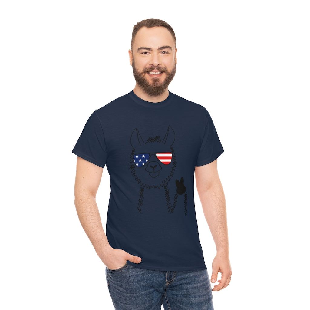 Llama with American Flag Sunglasses Cotton T-shirt