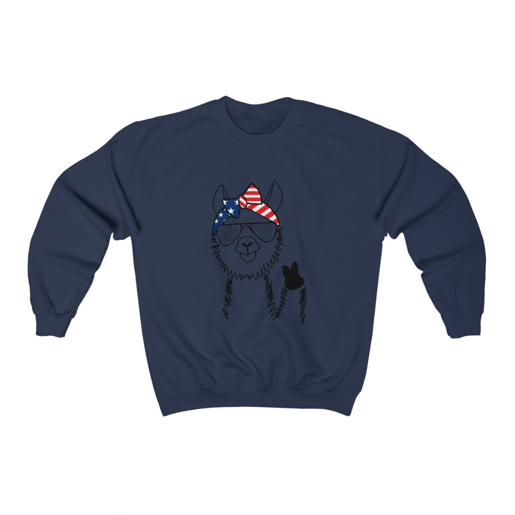Llama with American Flag Headband Crewneck Sweatshirt