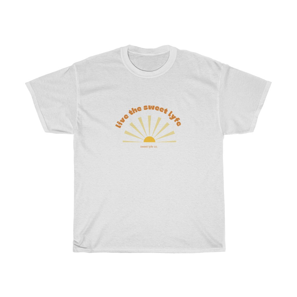 Sunshine is good for the mind, body, adn soul. Live the sunny sweet lyfe with this retro graphic cotton t-shirt. With both comfort and style in mind, this t-shirt is made with a plush cotton that is great for sunny days. Step up your style and add this to your wardrobe today.