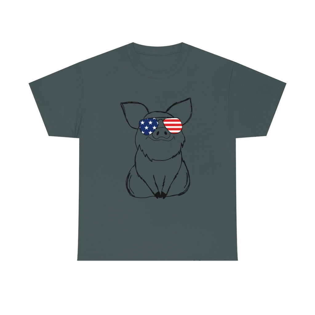 Pig with American Flag Sunglasses Cotton T-shirt