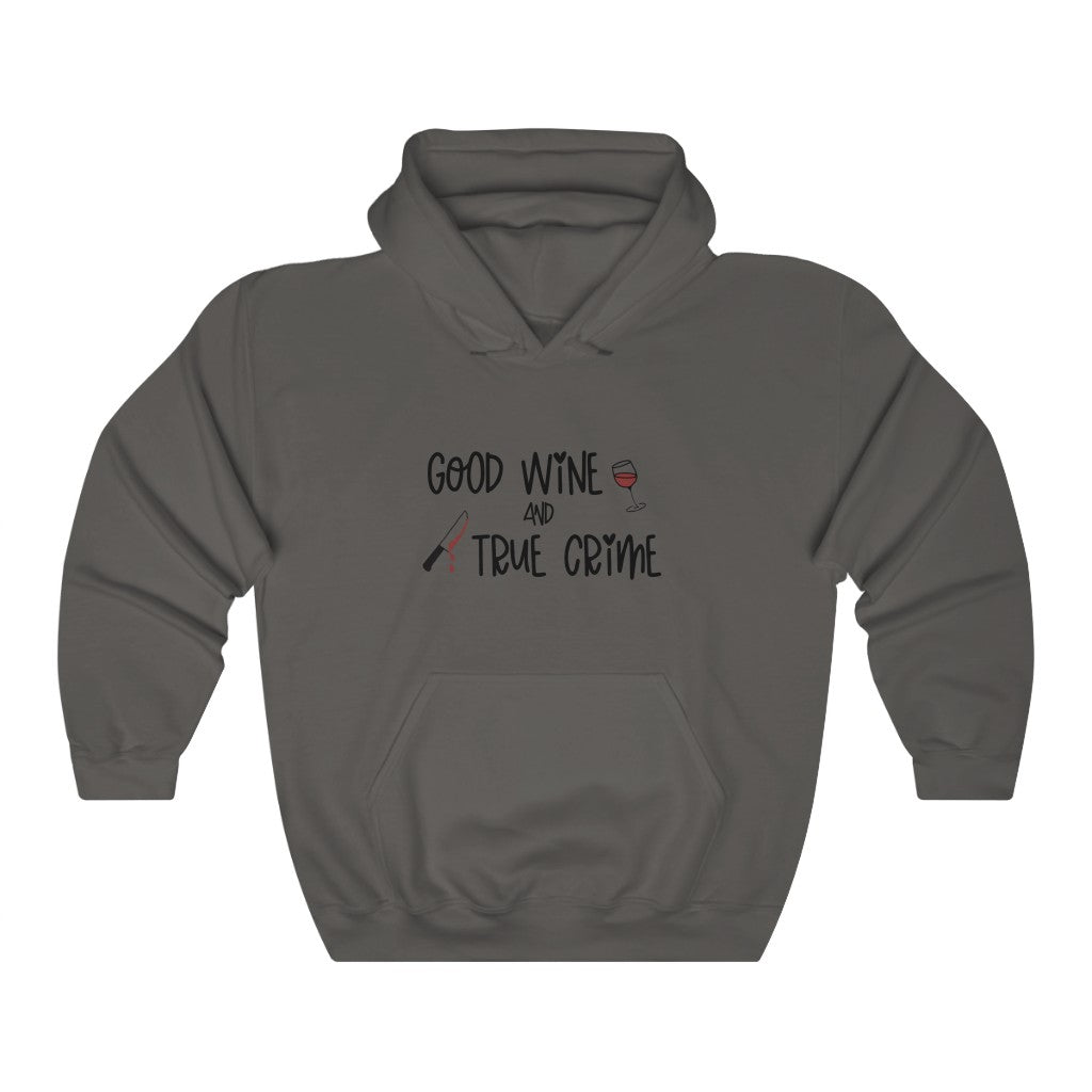 Good Wine and True Crime! This cozy hoodie sweatshirt is perfect for a night of cuddling, sipping wine, and watching that true crime documentary. This hoodie is the perfect gift for the true crime junkie in your life!