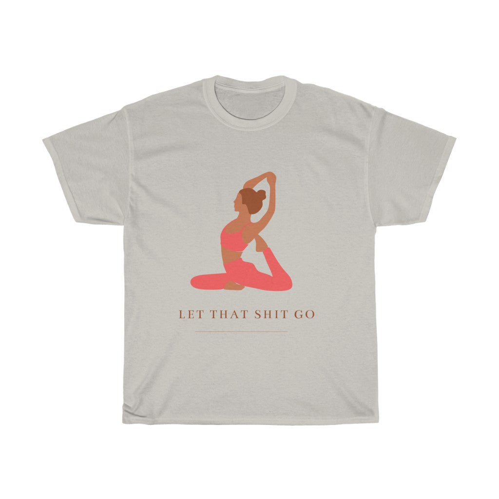 Take a deep breath in and out. This yoga inspired cotton t-shirt is designed with the phrase “Let That Shit Go”. Manifest all good things coming to you in the future with this stylish piece. Wear it with your favorite pair of leggings and feel all the good vibes. Made with a plush cotton, it is like wearing a blanket.