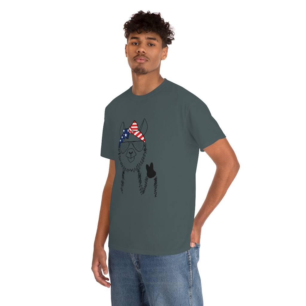 Llama with American Flag Headband Cotton T-shirt