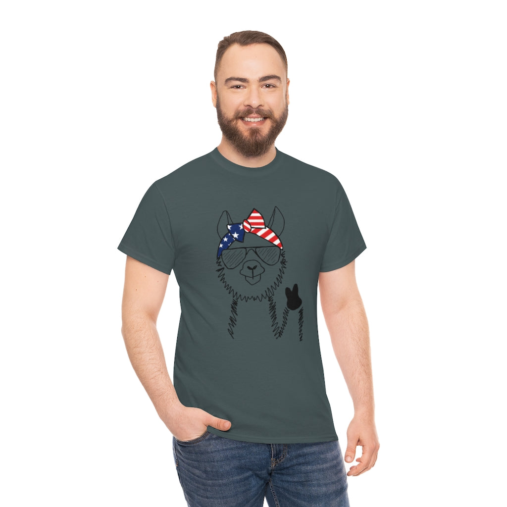 Llama with American Flag Headband Cotton T-shirt