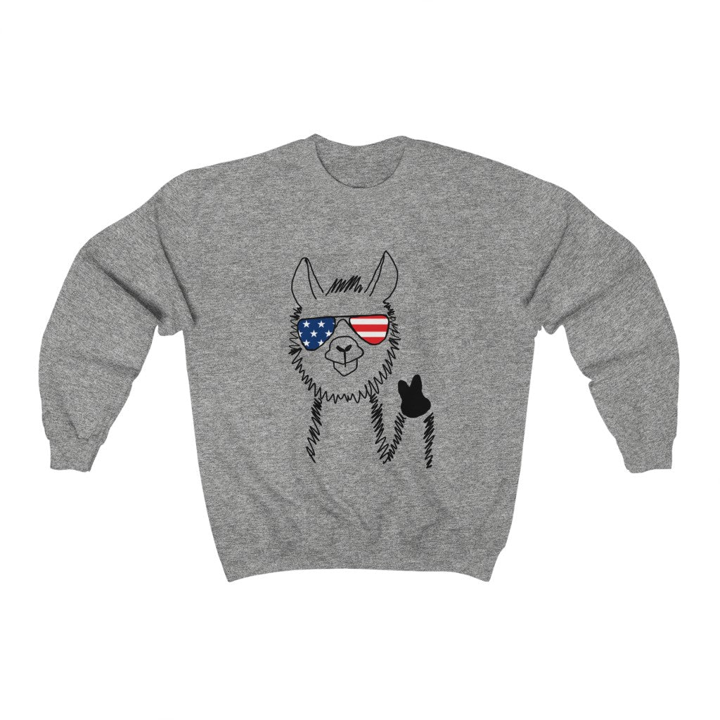 Llama with American Flag Sunglasses Crewneck Sweatshirt