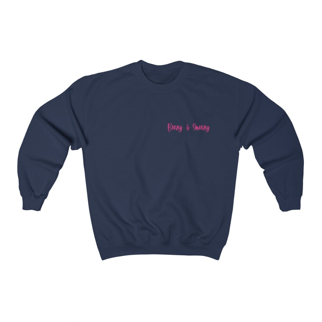Boozy and Snoozy! Sleepy but still need a drink? This crewneck sweatshirt is perfect for brunch with the girls or a great gift for your boozy friends. After a long nigth out partying you can throw on this festive crew to make your way through the day.
