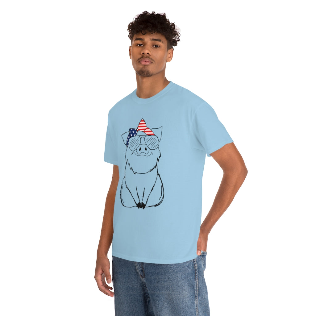 Pig with American Flag Headband Cotton T-shirt