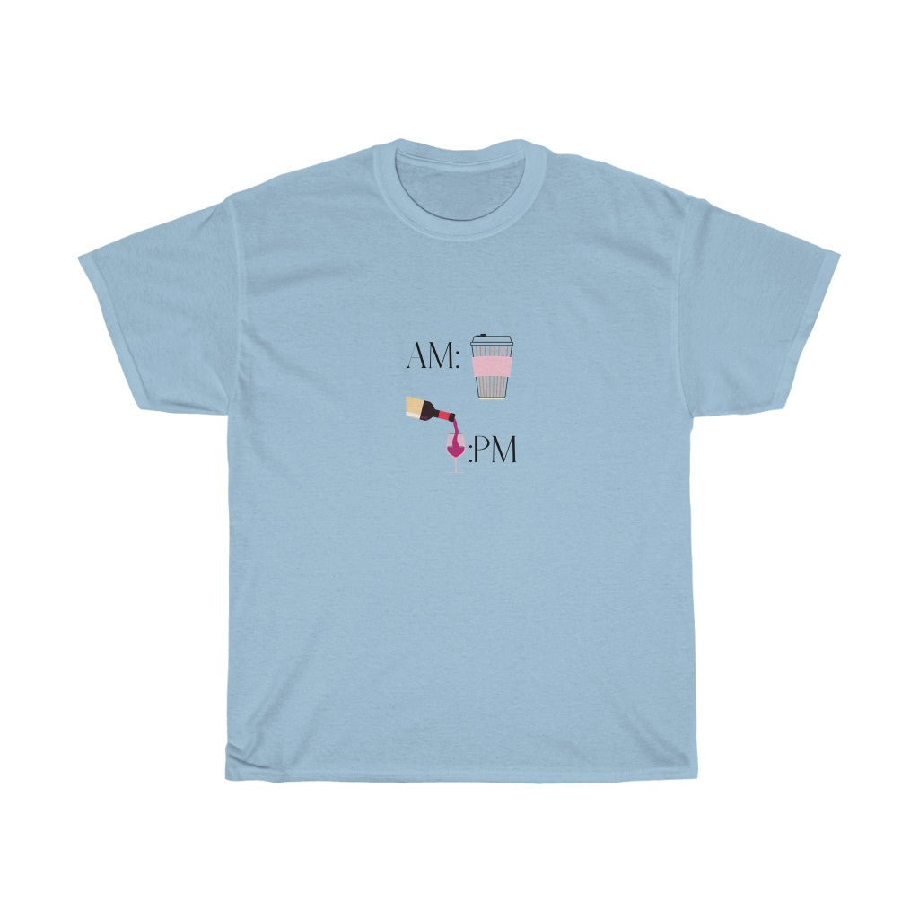 This cute cotton t-shirt shows off your schedule... coffee in the morning and wine at night, there is no other way. With bright pinks and reds, this t-shirt stands out and is a perfect cozy piece to add to your collection. Designed with a luxurious cotton, you will never want to take it off.