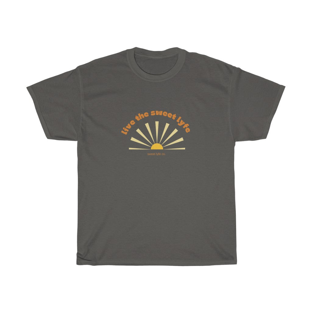 Sunshine is good for the mind, body, adn soul. Live the sunny sweet lyfe with this retro graphic cotton t-shirt. With both comfort and style in mind, this t-shirt is made with a plush cotton that is great for sunny days. Step up your style and add this to your wardrobe today.