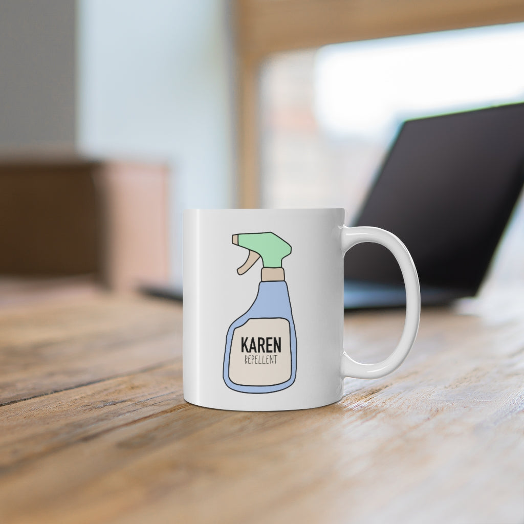 Keep those Karen's away with this funny Karen repellent ceramic mug. Avoid being cancelled while coming up with content ideas and sipping coffee from this mug. This mug is 11 oz, lead and BPA free, and microwave and dishwasher safe!