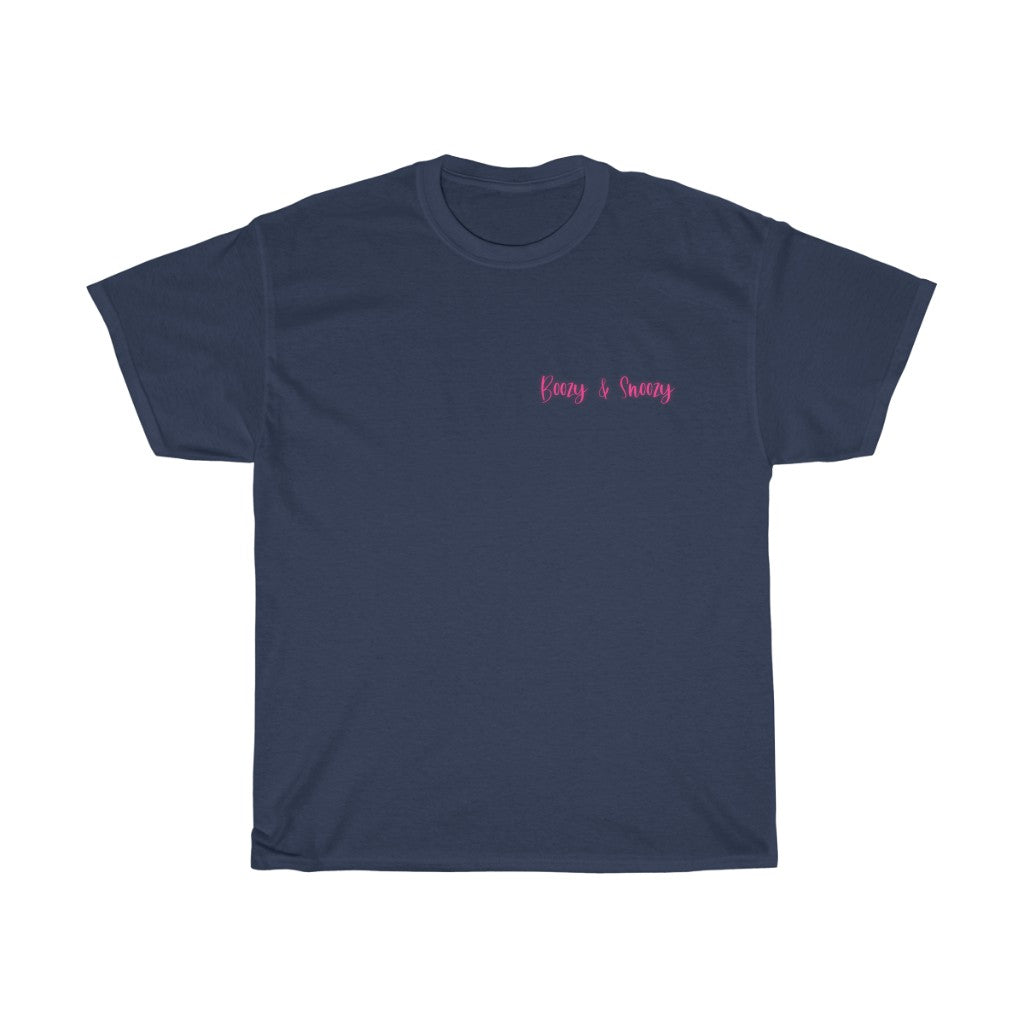 Boozy and Snoozy! Sleepy but still need a drink? This cotton t-shirt is perfect for brunch with the girls or a great gift for your boozy friends. After a long night out partying you can throw on this festive t-shirt to make your way through the day.