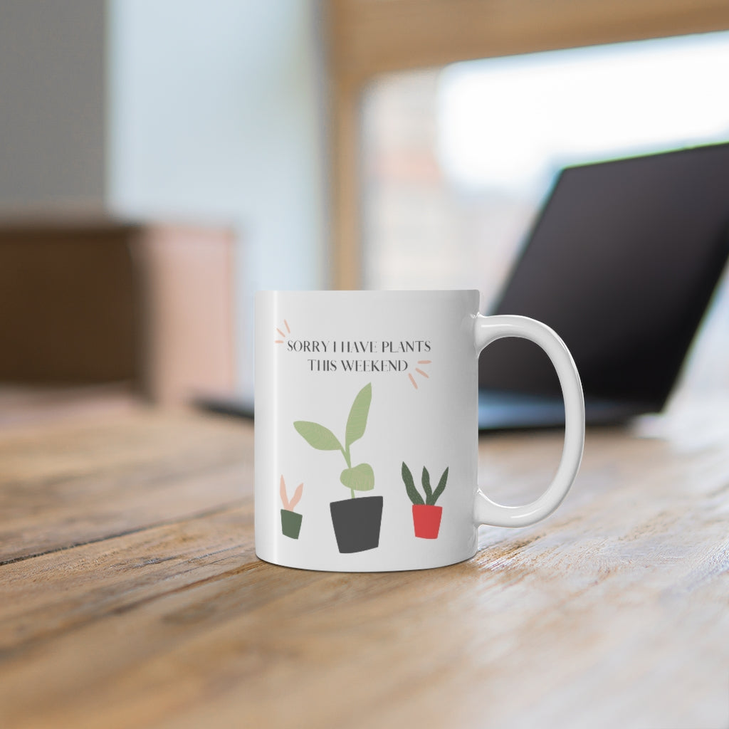 When all you want is a night in with your plants. This punny ceramic mug is bright and fun and says, “Sorry I Have Plants This Weekend”. Great for introverts and all who just like alone time and self care. Add this stylish funny mug to your collection today. This mug is 11 oz, lead and BPA free, and microwave and dishwasher safe!