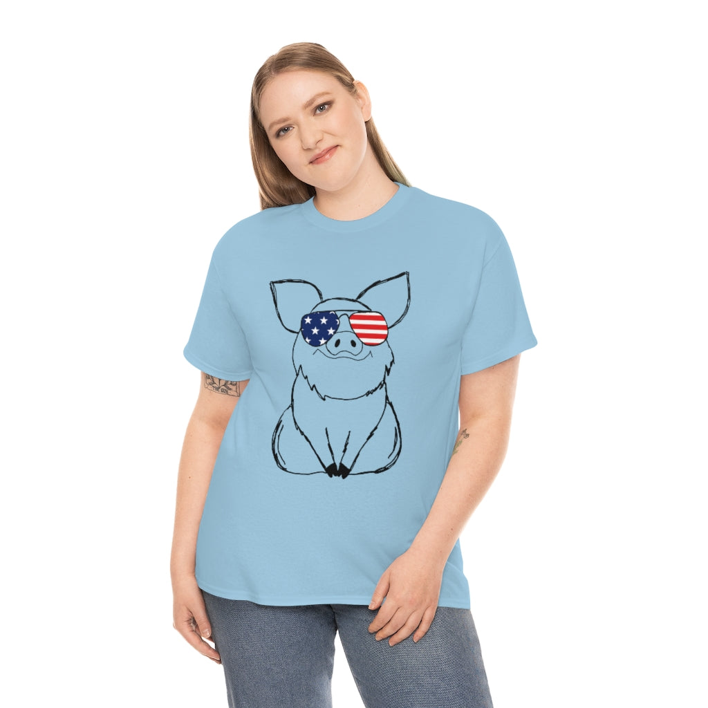 Pig with American Flag Sunglasses Cotton T-shirt
