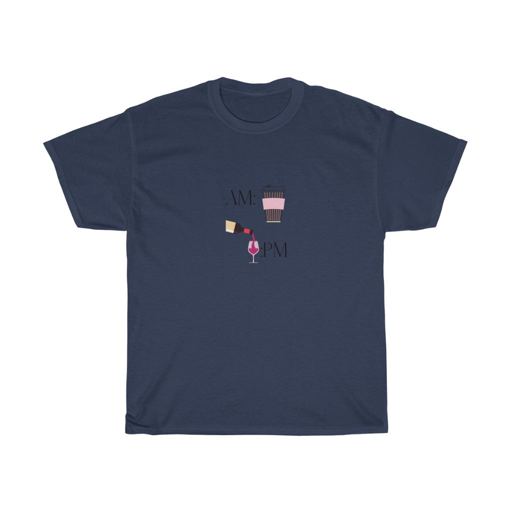 This cute cotton t-shirt shows off your schedule... coffee in the morning and wine at night, there is no other way. With bright pinks and reds, this t-shirt stands out and is a perfect cozy piece to add to your collection. Designed with a luxurious cotton, you will never want to take it off.