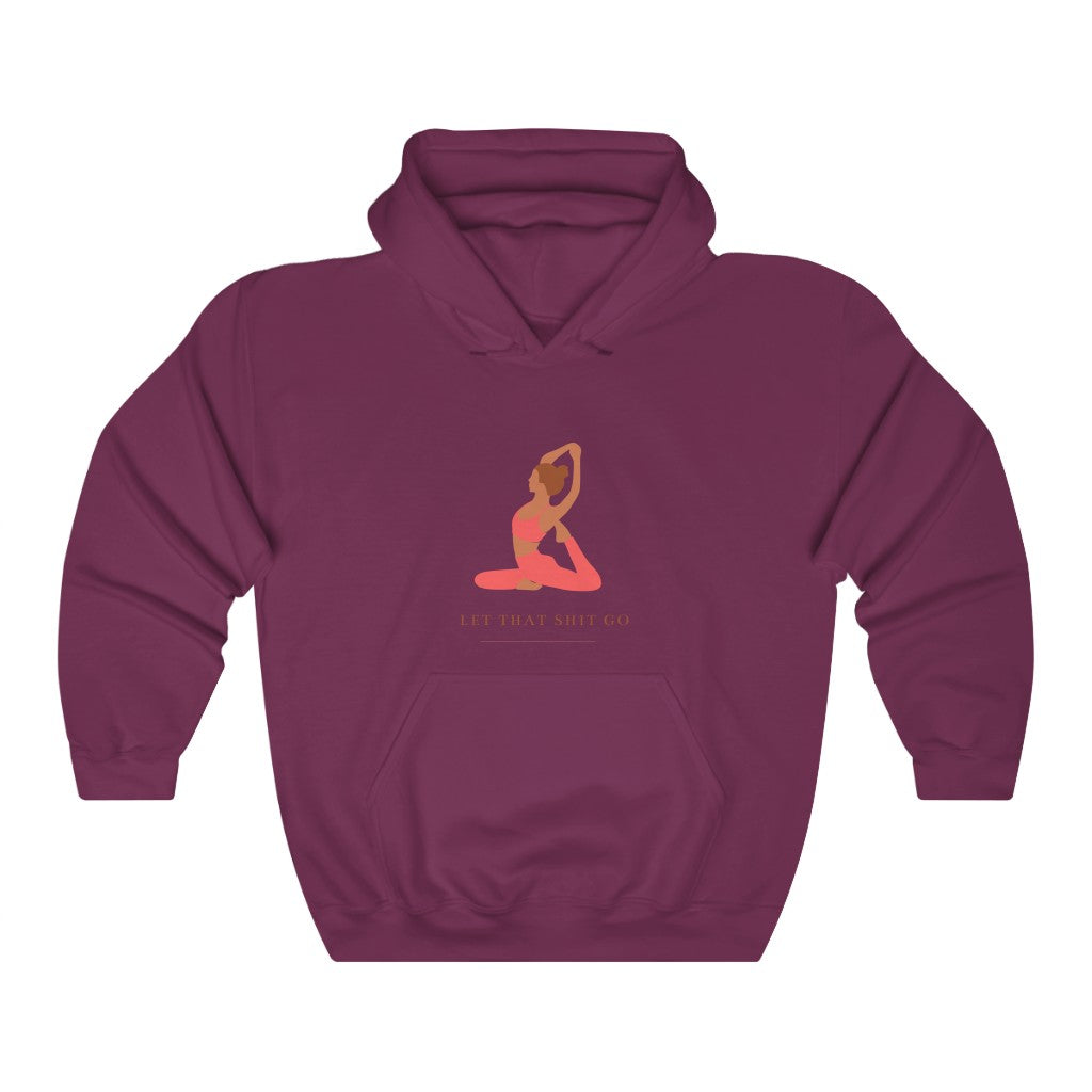Take a deep breath in and out. This yoga inspired hoodie sweatshirt is designed with the phrase “Let That Shit Go”. Manifest all good things coming to you in the future with this stylish piece. Wear it with your favorite pair of leggings and feel all the good vibes. Made with a plush cotton, it is like wearing a blanket.