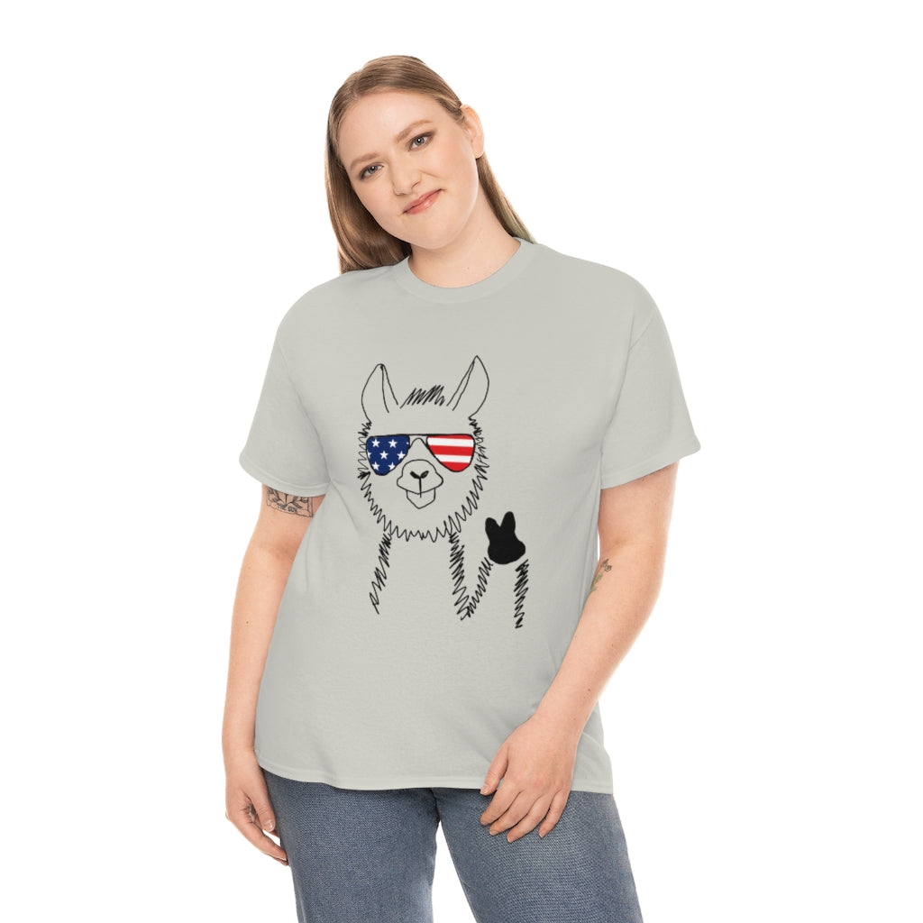 Llama with American Flag Sunglasses Cotton T-shirt