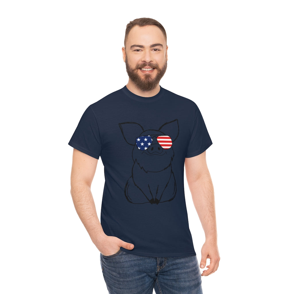 Pig with American Flag Sunglasses Cotton T-shirt
