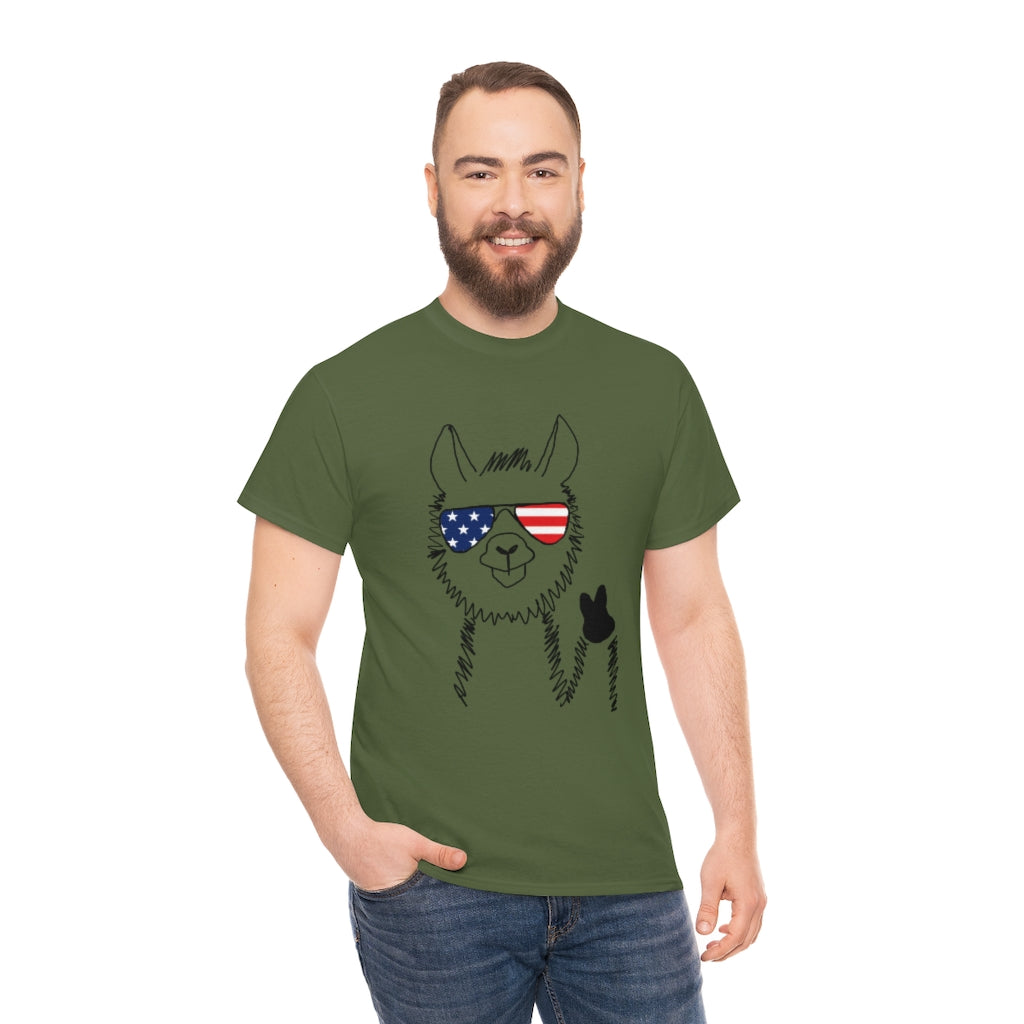 Llama with American Flag Sunglasses Cotton T-shirt