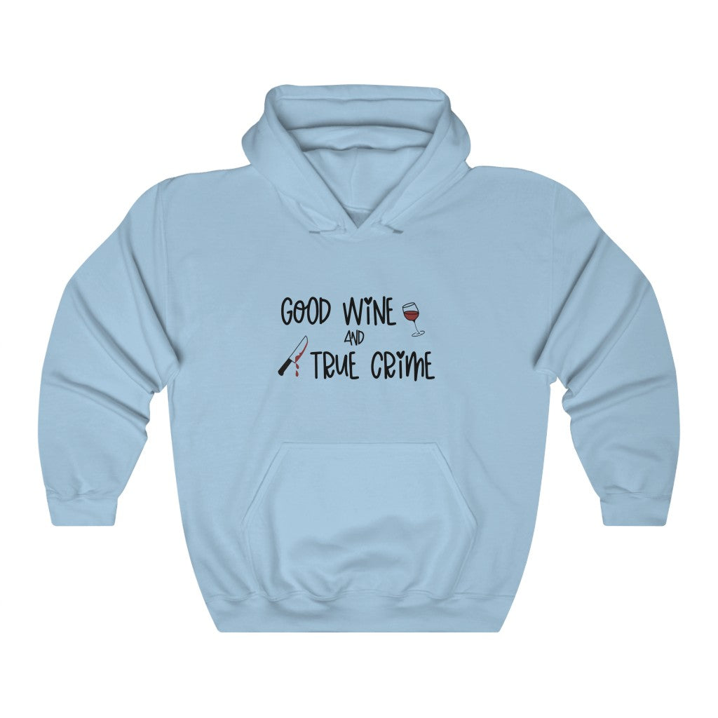 Good Wine and True Crime! This cozy hoodie sweatshirt is perfect for a night of cuddling, sipping wine, and watching that true crime documentary. This hoodie is the perfect gift for the true crime junkie in your life!
