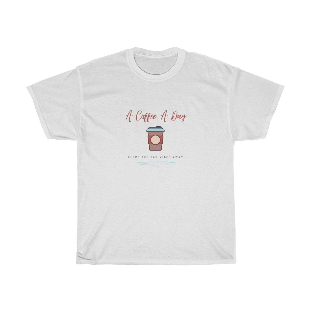 Keep the bad vibes away with a coffee (or two) a day. This funny coffee cotton t-shirt shows off your love for caffeine and made with a soft cotton material, you can stay comfy all day long. Designed for the girl who loves coffee and has great style.
