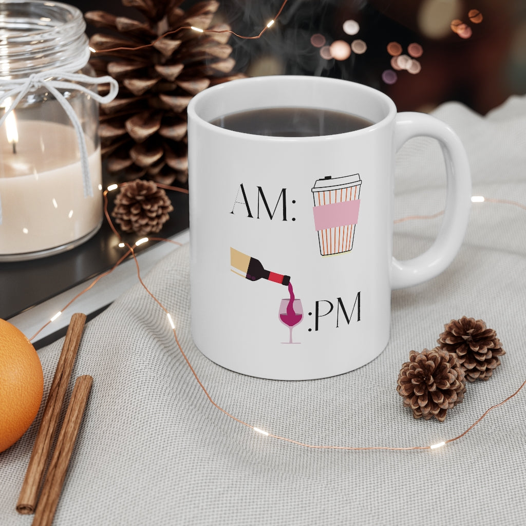 This cute ceramic mug shows off your schedule... coffee in the morning and wine at night, there is no other way. With bright pinks and reds, this mug stands out and is the perfect piece to add to your collection. This mug is 11 oz, lead and BPA free, and microwave and dishwasher safe!