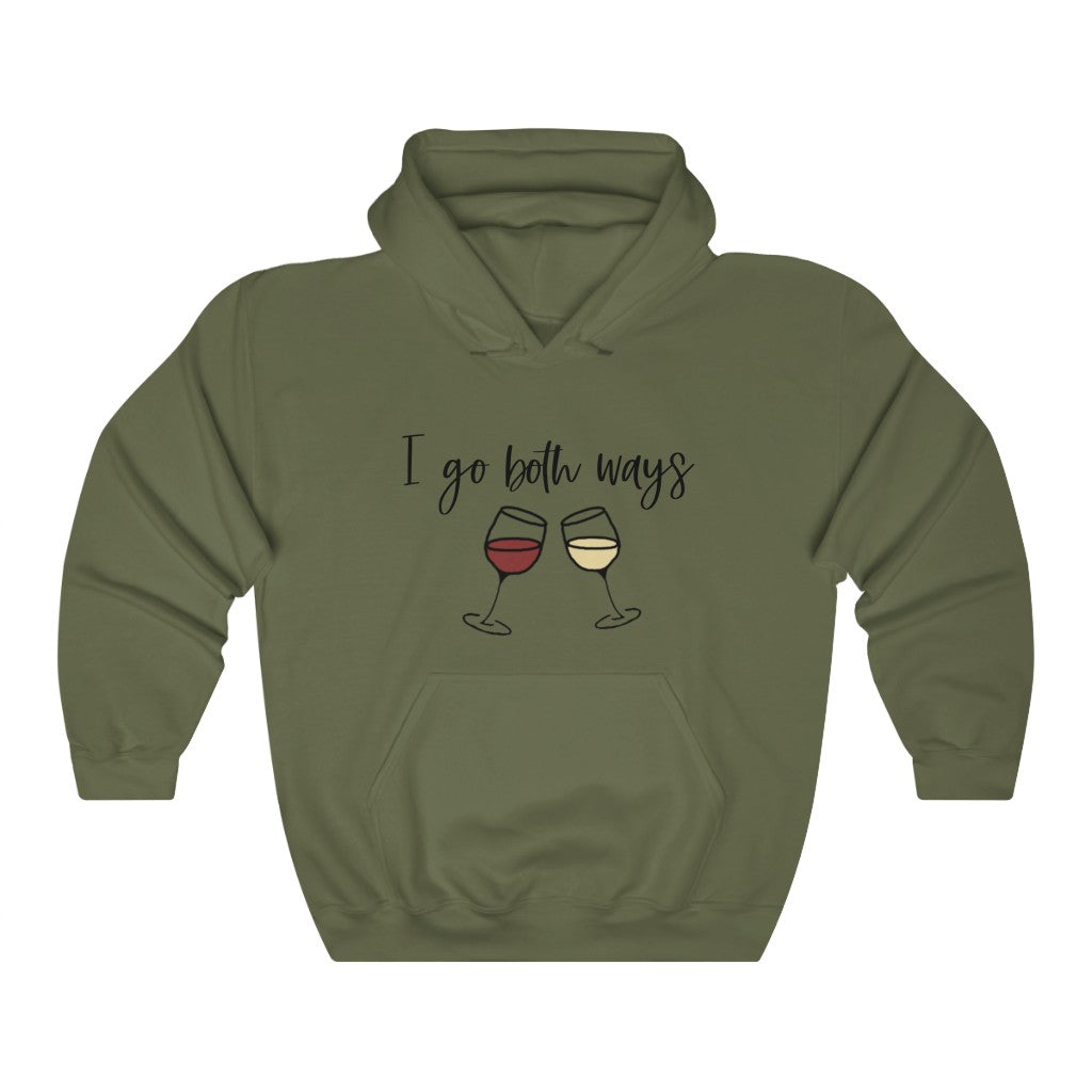 I go both ways! This funny hoodie sweatshirt is perfect for all you wine lovers out there. If you don't discriminate when it comes to white wine or red wine, this hoodie is for you. Great for those chilly days out at the vineyards, or just cozying up at home with your favorite glass of wine.
