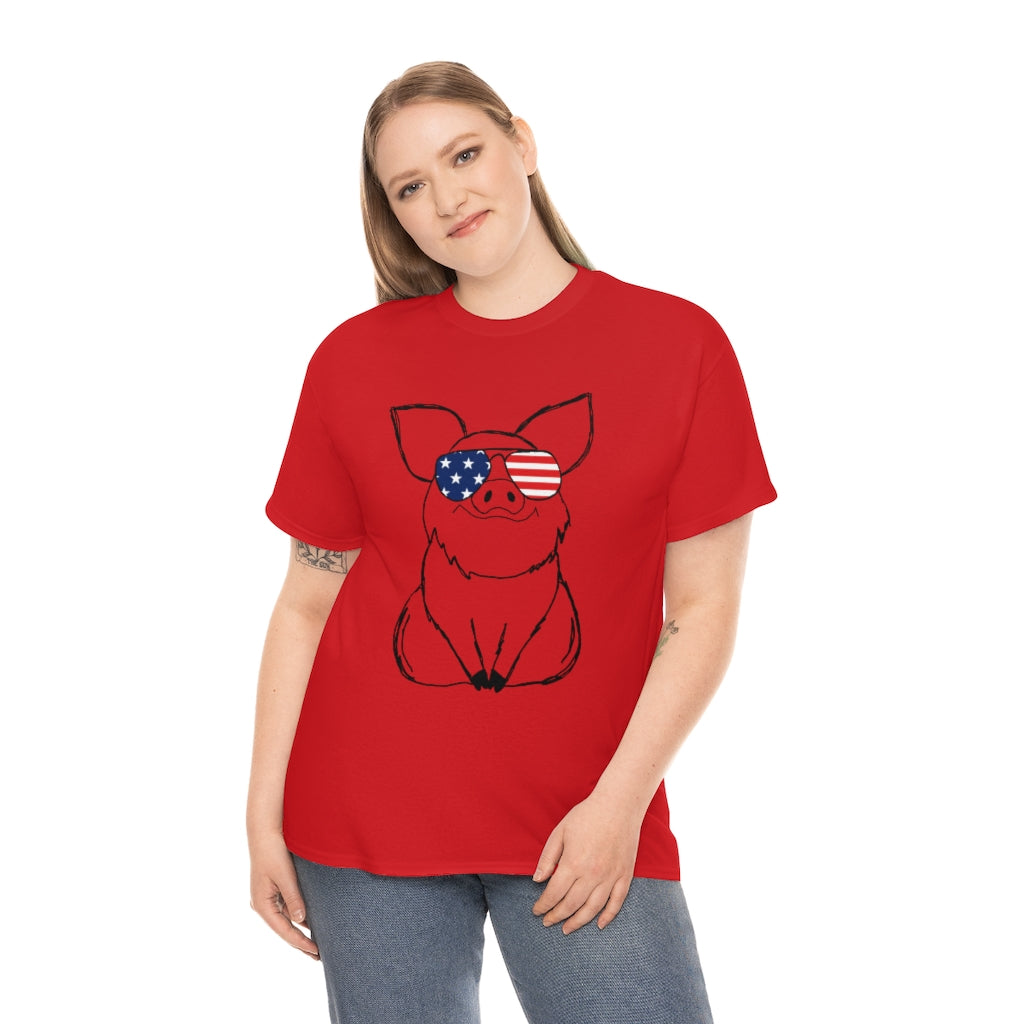 Pig with American Flag Sunglasses Cotton T-shirt