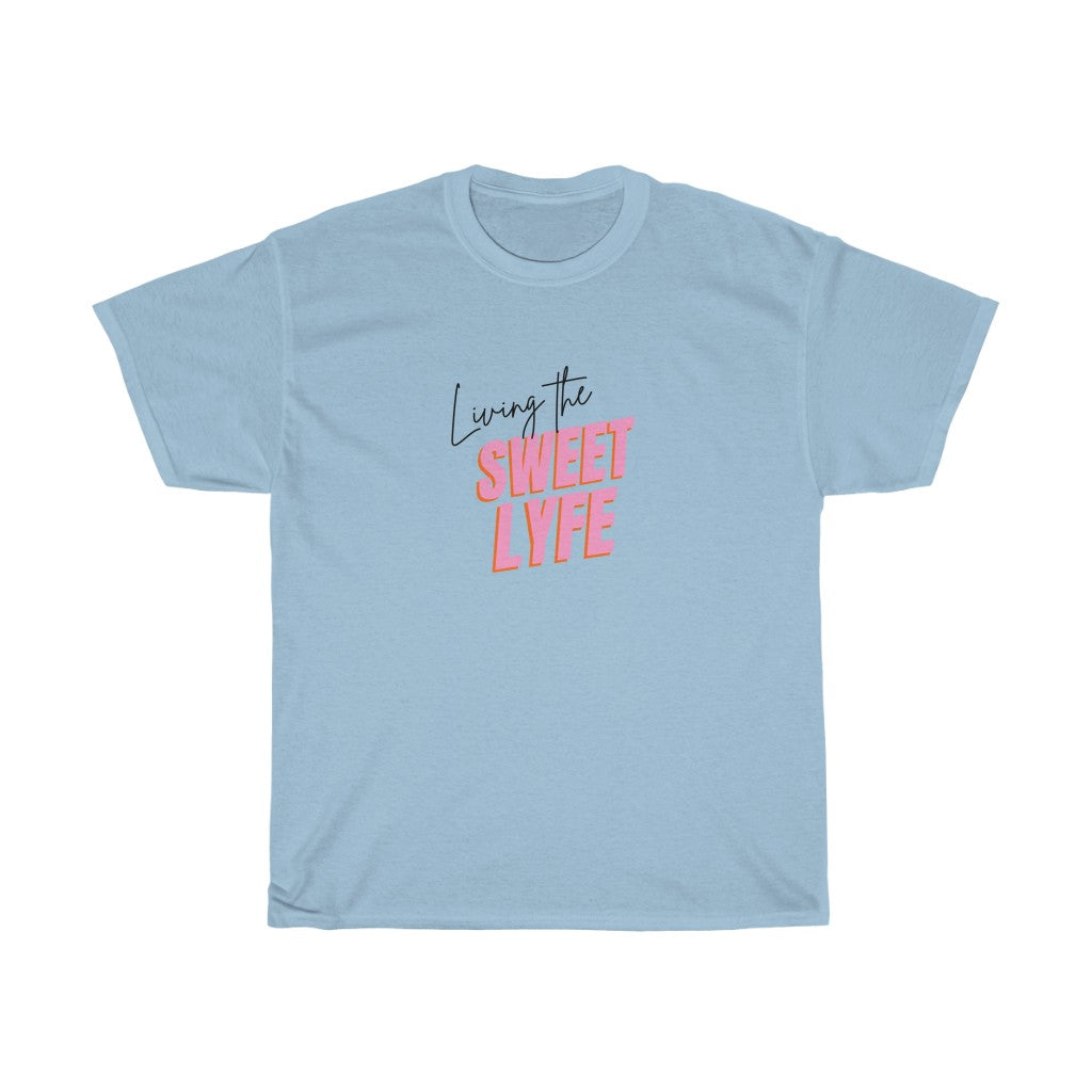 Living the sweet lyfe in a sunny state of mind. This cotton t-shirt gives off girly vibes. With light pink lettering, you can make your outfit pop and show off your trendy side at the same time. Put on this t-shirt and let the compliments roll in and keep the good times going.