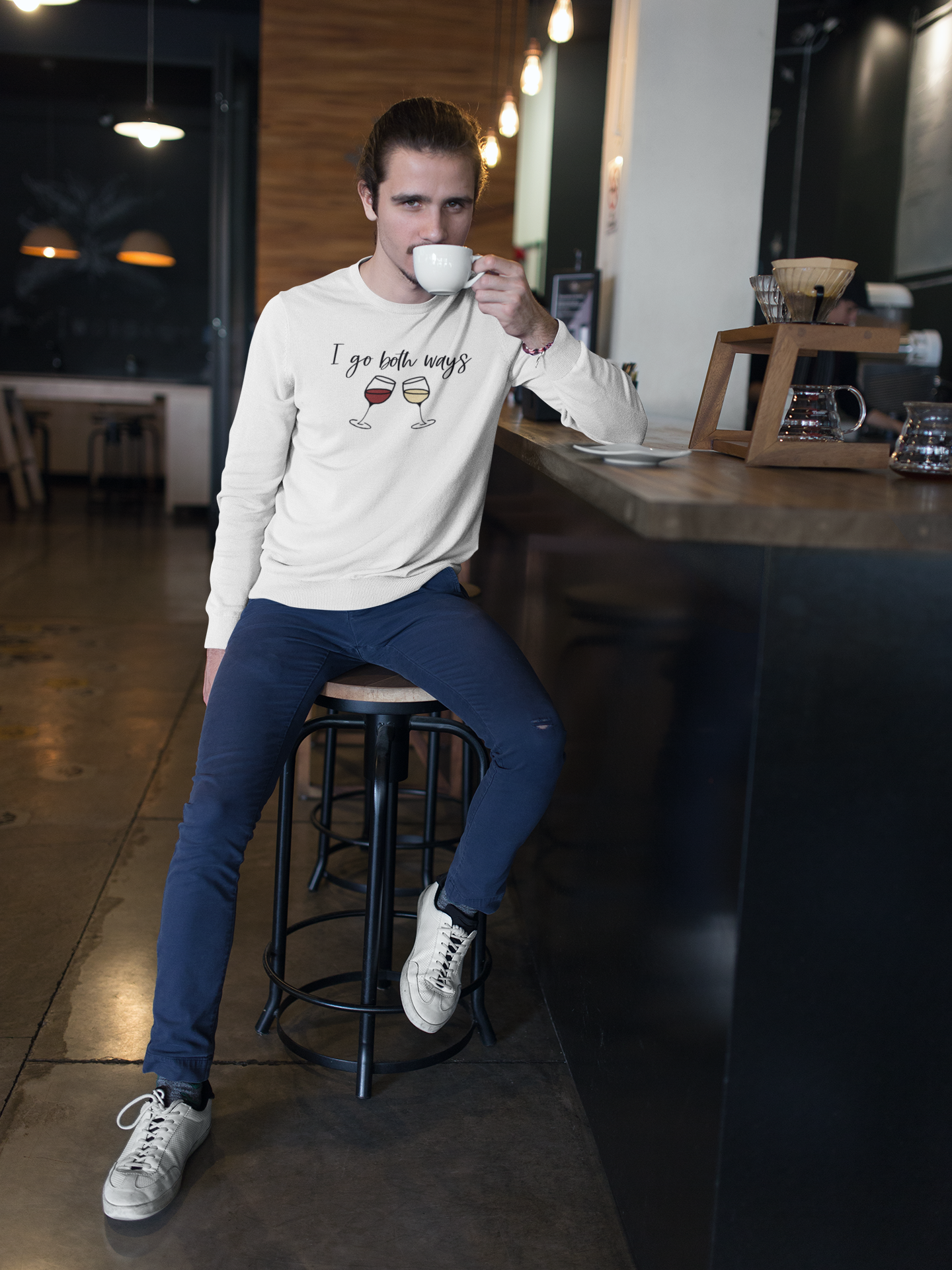 I go both ways! This funny crewneck sweatshirt is perfect for all you wine lovers out there. If you don't discriminate when it comes to white wine or red wine, this crew is for you. Great for those chilly days out at the vineyards, or just cozying up at home with your favorite glass of wine.