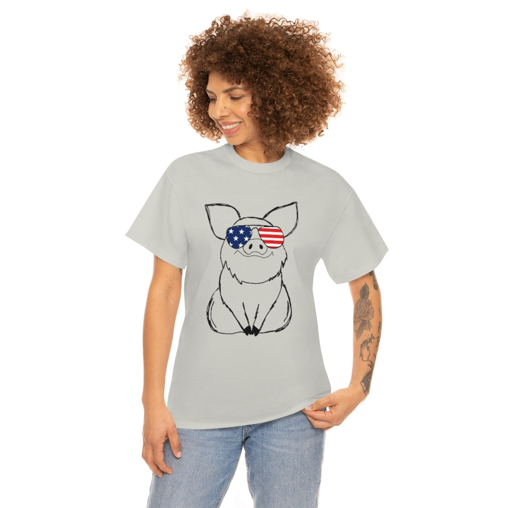 Pig with American Flag Sunglasses Cotton T-shirt