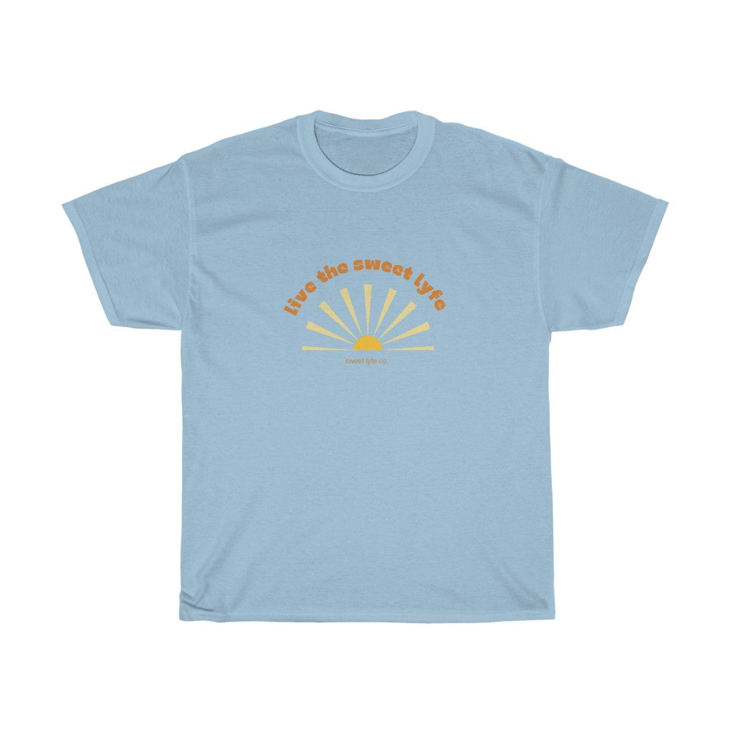 Sunshine is good for the mind, body, adn soul. Live the sunny sweet lyfe with this retro graphic cotton t-shirt. With both comfort and style in mind, this t-shirt is made with a plush cotton that is great for sunny days. Step up your style and add this to your wardrobe today.