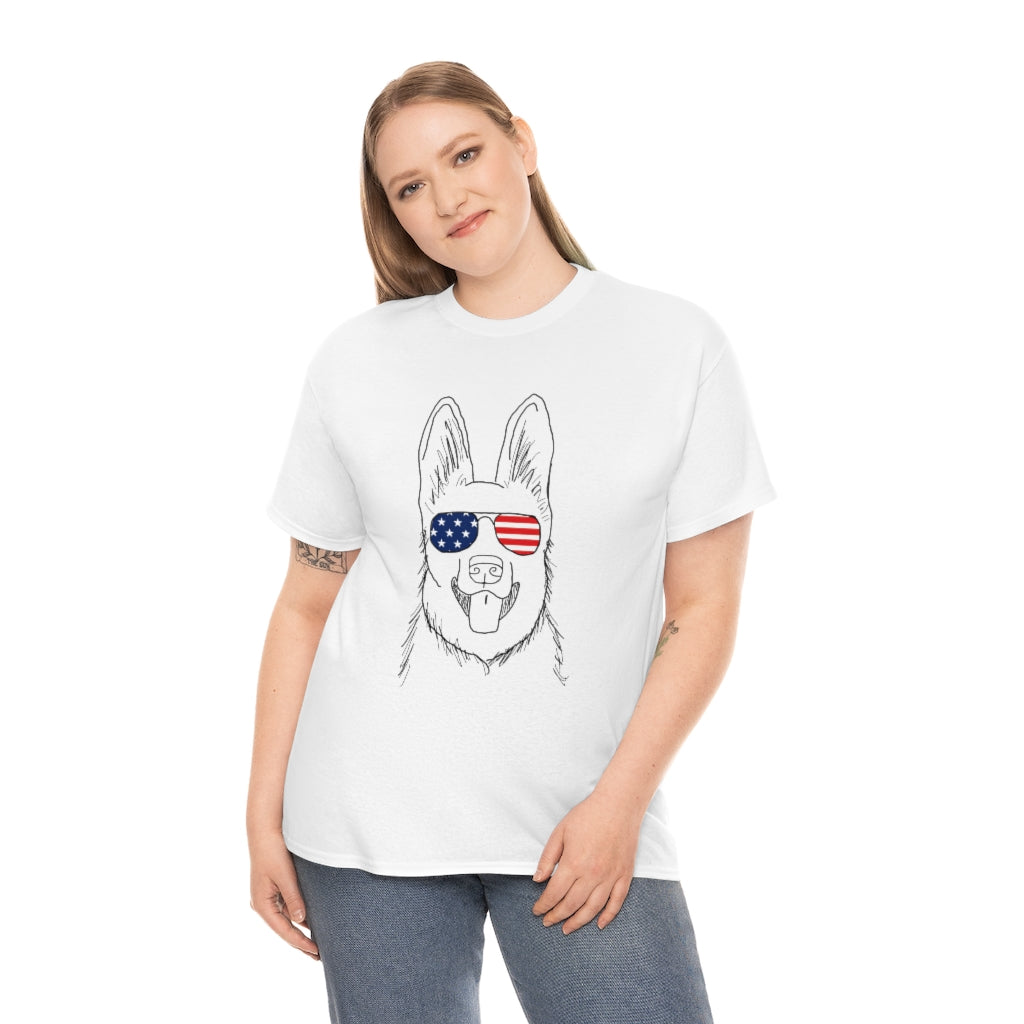 German Shepherd with American Flag Sunglasses Cotton T-shirt