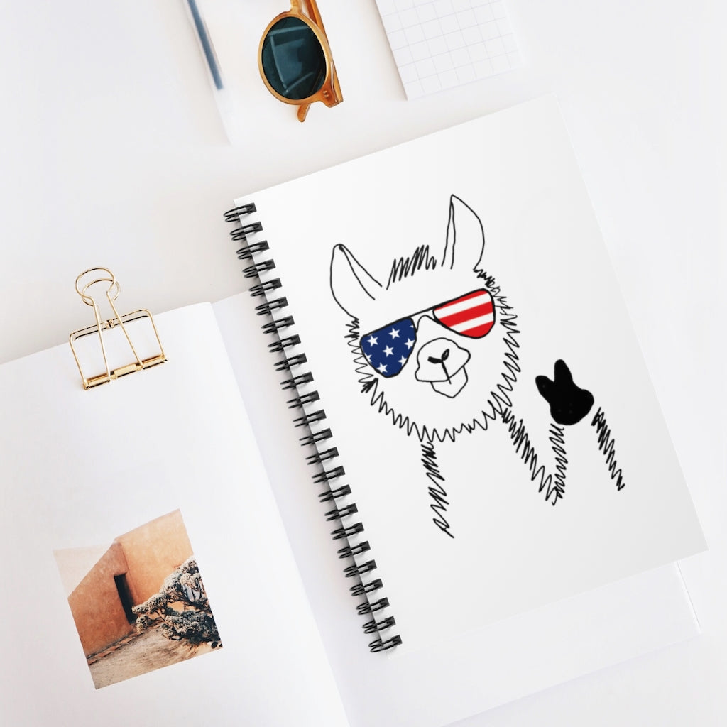 Llama with American Flag Sunglasses Spiral Notebook - Ruled Line