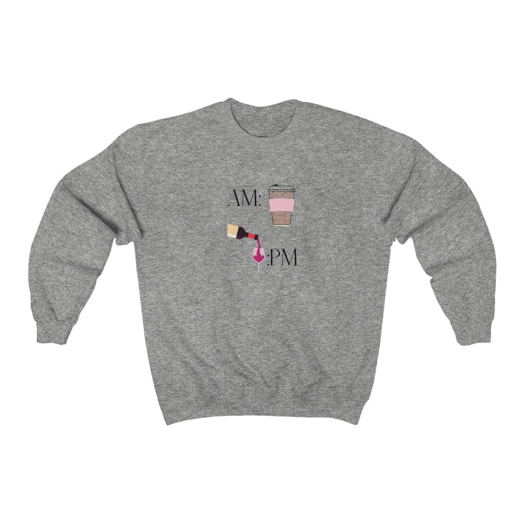 This cute crewneck sweatshirt shows off your schedule... coffee in the morning and wine at night, there is no other way. With bright pinks and reds, this sweatshirt stands out and is a perfect cozy piece to add to your collection. Designed with a luxurious cotton, you will never want to take it off.