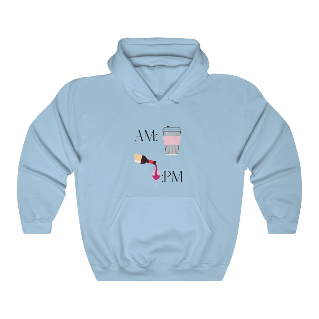 This cute hoodie shows off your schedule... coffee in the morning and wine at night, there is no other way. With bright pinks and reds, this sweatshirt stands out and is a perfect cozy piece to add to your collection. Designed with a luxurious cotton, you will never want to take it off.