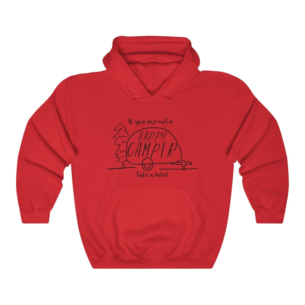 If you are not a HAPPY CAMPER, take a hike! This cozy hoodie sweatshirt is perfect for your camping and hiking adventures. Stay warm out on the trail while showing off your sense of humor with this funny hoodie. Also makes a great gift for that outdoorsy friend in your life.