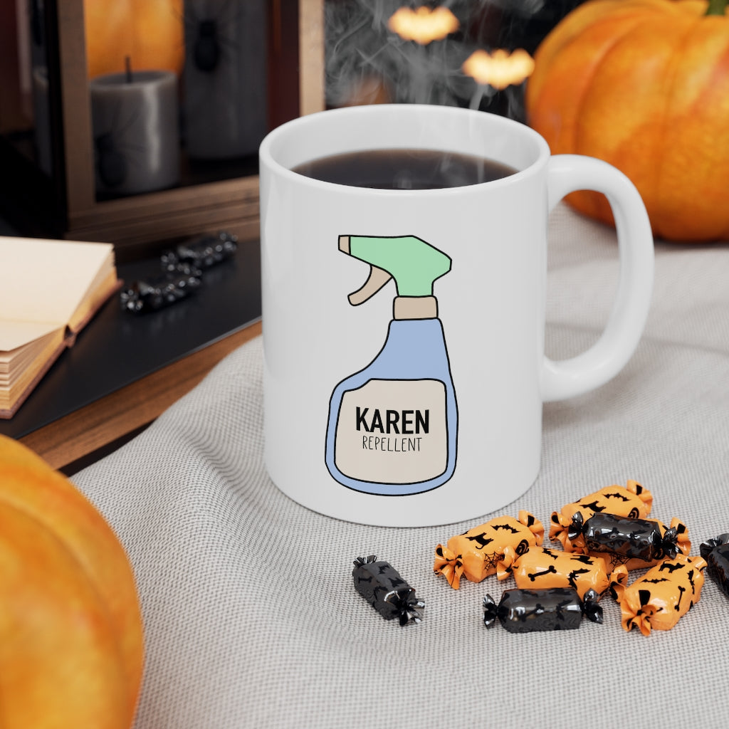 Keep those Karen's away with this funny Karen repellent ceramic mug. Avoid being cancelled while coming up with content ideas and sipping coffee from this mug. This mug is 11 oz, lead and BPA free, and microwave and dishwasher safe!