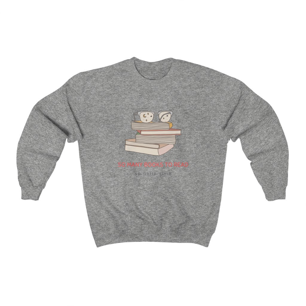 To all the book lovers out there, this crewneck sweatshirt is for you! Inspired by bookworms everywhere, this cotton t-shirt has a cute book design with the phrase “So Many Books To Read So Little Time”. Made with a super soft cotton, this stylish sweatshirt is great for snuggling up on the couch with a new book in hand. This is a great gift idea for your bookclub or anyone who is a reader.