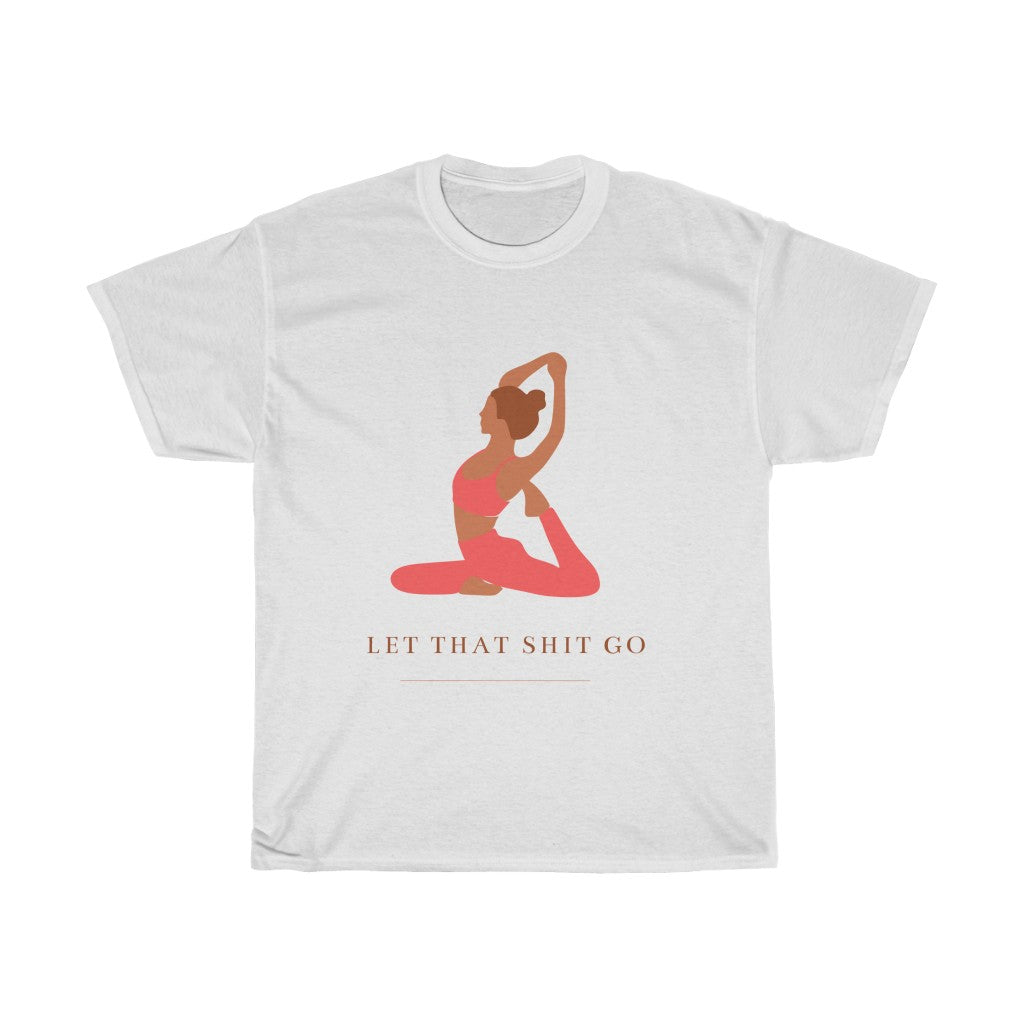 Take a deep breath in and out. This yoga inspired cotton t-shirt is designed with the phrase “Let That Shit Go”. Manifest all good things coming to you in the future with this stylish piece. Wear it with your favorite pair of leggings and feel all the good vibes. Made with a plush cotton, it is like wearing a blanket.