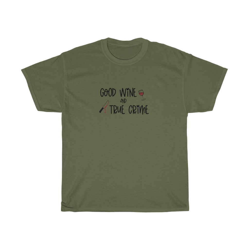 Good Wine and True Crime! This cotton t-shirt is perfect for a night of cuddling, sipping wine, and watching that true crime documentary. This t-shirt is the perfect gift for the true crime junkie in your life!