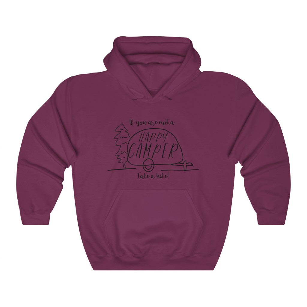 If you are not a HAPPY CAMPER, take a hike! This cozy hoodie sweatshirt is perfect for your camping and hiking adventures. Stay warm out on the trail while showing off your sense of humor with this funny hoodie. Also makes a great gift for that outdoorsy friend in your life.