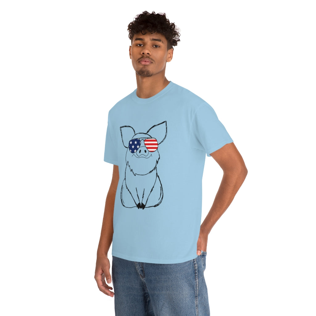 Pig with American Flag Sunglasses Cotton T-shirt