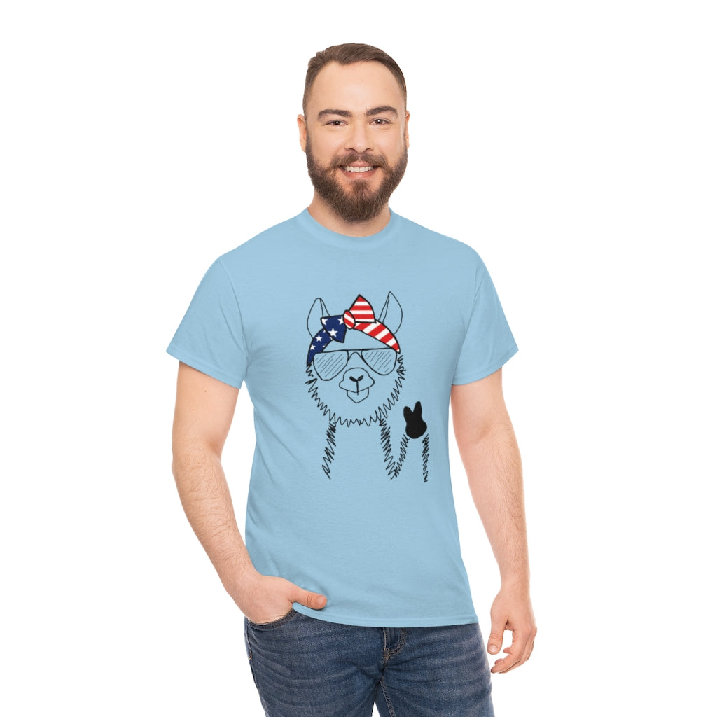 Llama with American Flag Headband Cotton T-shirt