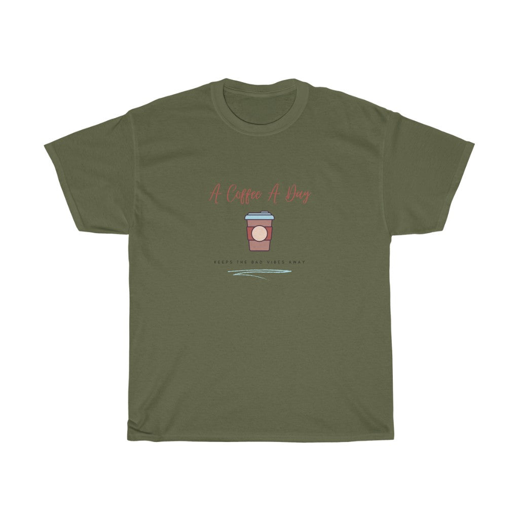 Keep the bad vibes away with a coffee (or two) a day. This funny coffee cotton t-shirt shows off your love for caffeine and made with a soft cotton material, you can stay comfy all day long. Designed for the girl who loves coffee and has great style.