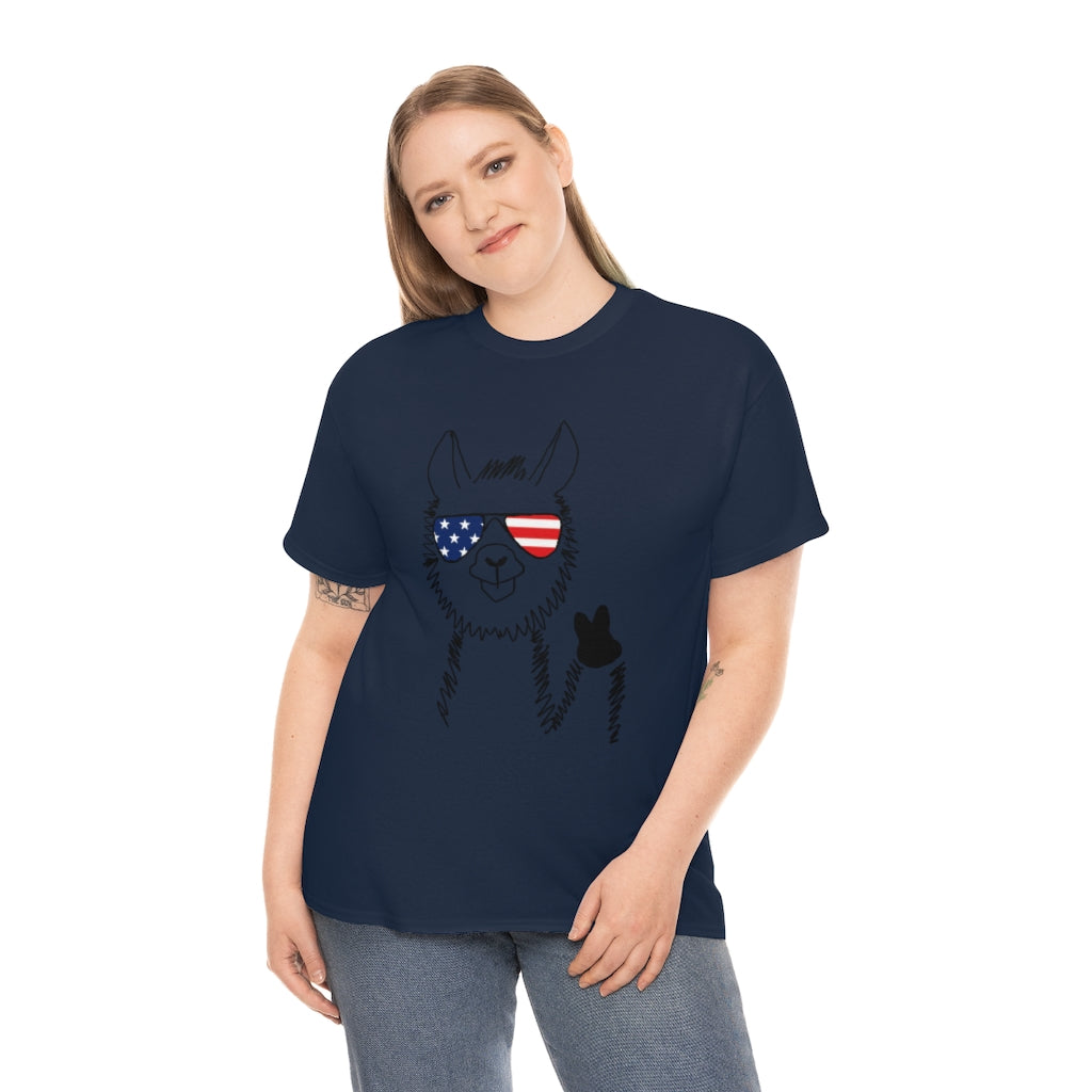 Llama with American Flag Sunglasses Cotton T-shirt