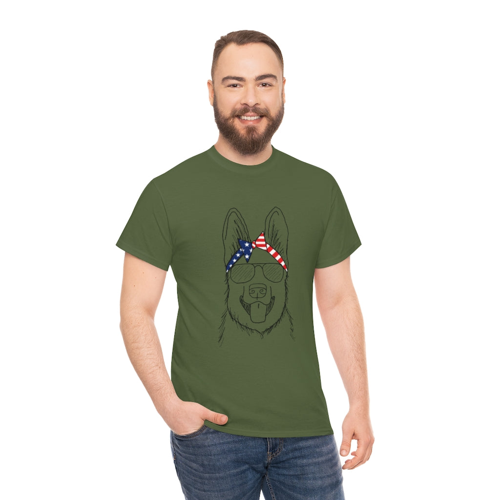 German Shepherd with American Flag Headband Cotton T-shirt