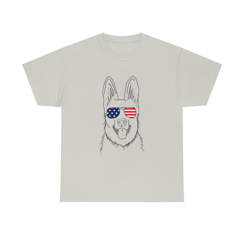 German Shepherd with American Flag Sunglasses Cotton T-shirt