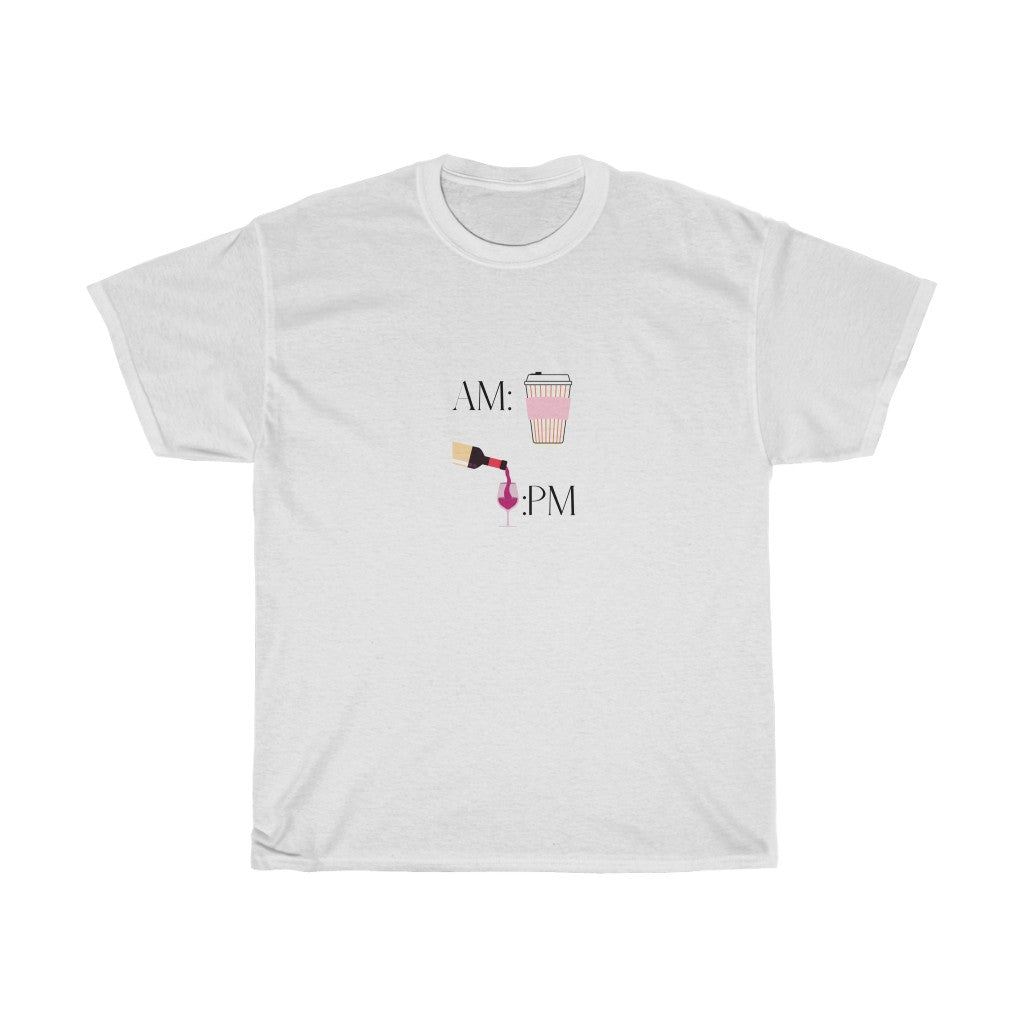 This cute cotton t-shirt shows off your schedule... coffee in the morning and wine at night, there is no other way. With bright pinks and reds, this t-shirt stands out and is a perfect cozy piece to add to your collection. Designed with a luxurious cotton, you will never want to take it off.